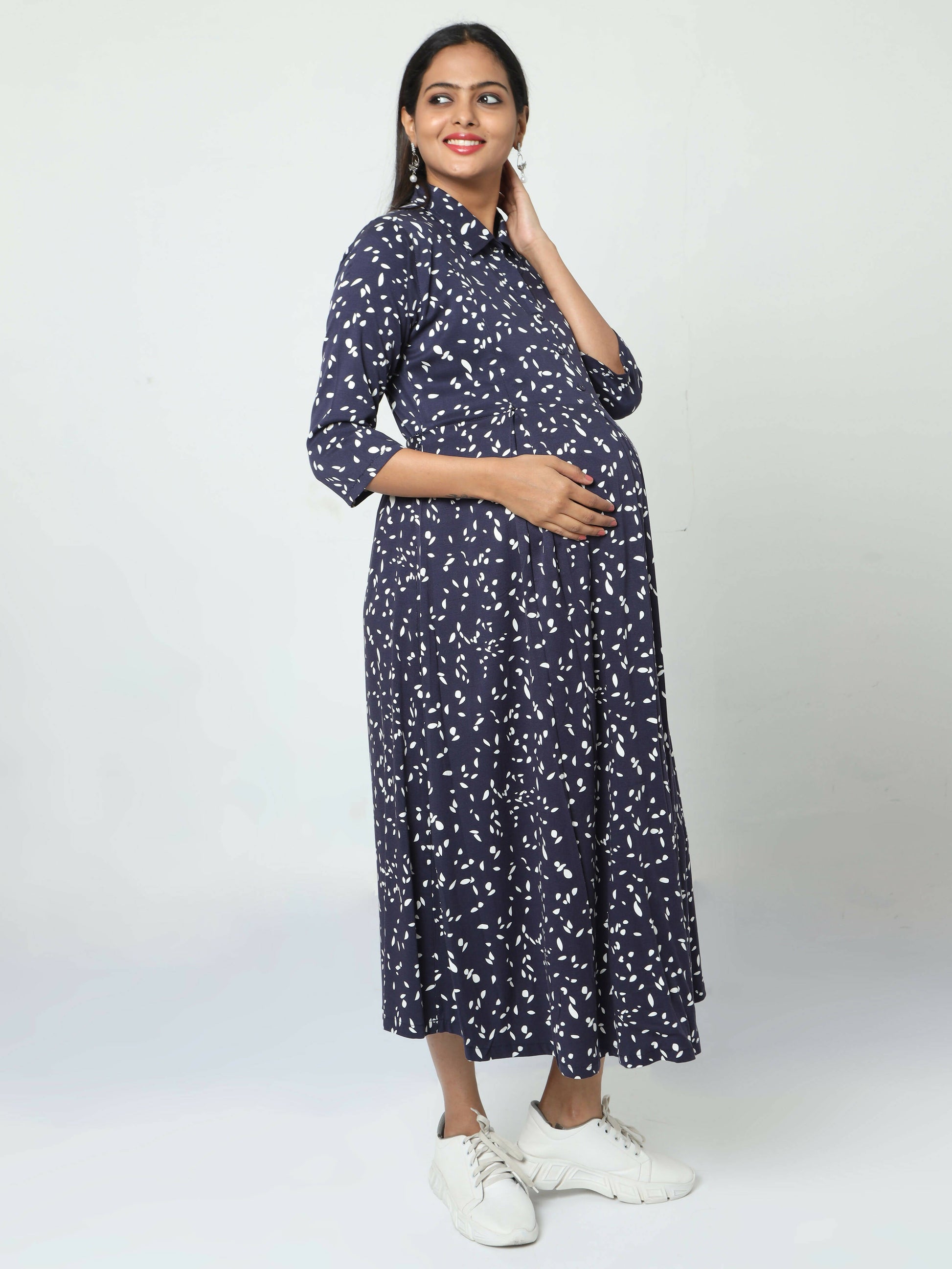 Manet Three Fourth Maternity Dress White Dot Print With Concealed Zipper Nursing Access - Navy Blue