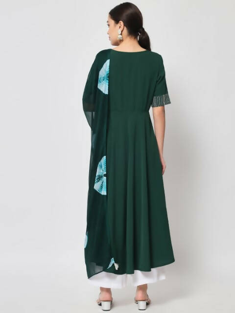 FIORRA Women's Bottle Green Poly Crepe Flared Kurta With Dupatta 