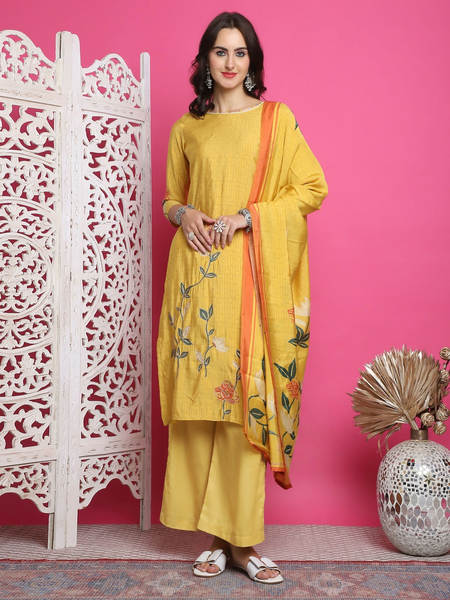 Jyoti Fashion Women's Yellow Muslin Floral Print with Jari & Crystal work Kurta with Trouser & Dupatta | Swadesiicart
