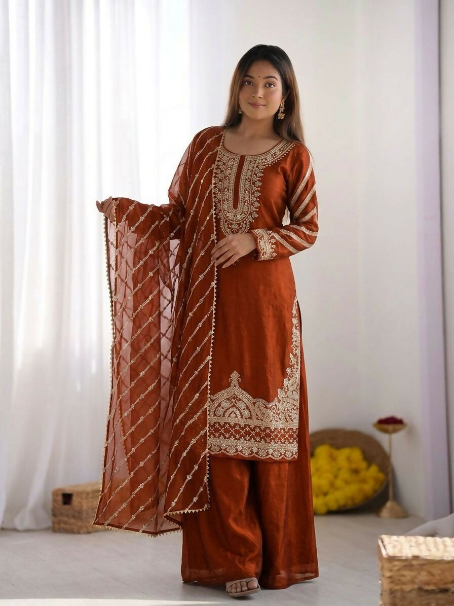 Teeya Creation New latest Trendy Embroidery Beads Work Kurta Sharara Set - Orange