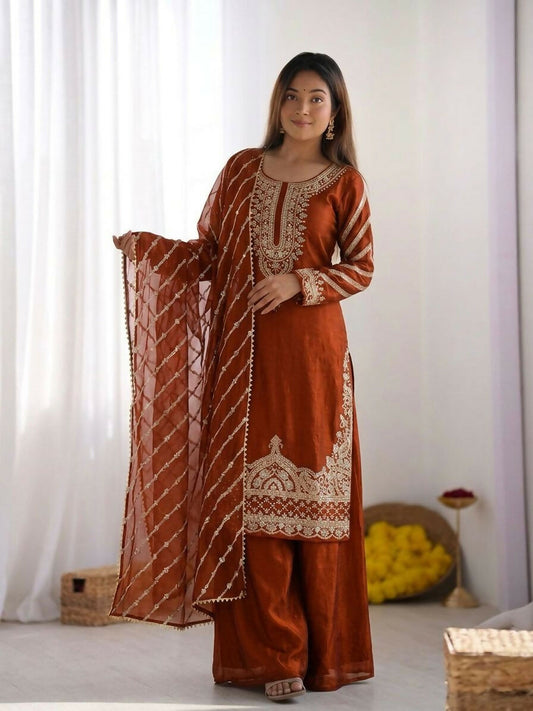 Teeya Creation New latest Trendy Embroidery Beads Work Kurta Sharara Set - Orange