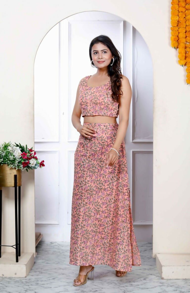 Miravan Women's Orange Floral Printed Crop Top And Skirt Co-Ord Set 