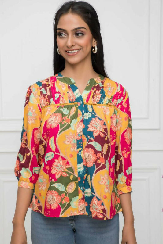 Myshka Women Multi Floral Mandarin Collar Regular Sleeves Viscose Rayon Top