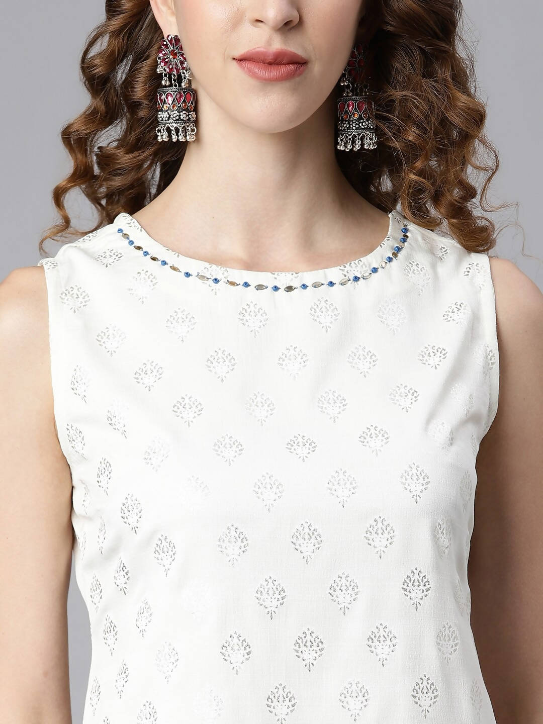 Janasya Women Off White & Silver Printed Kurta with Palazzos & Dupatta