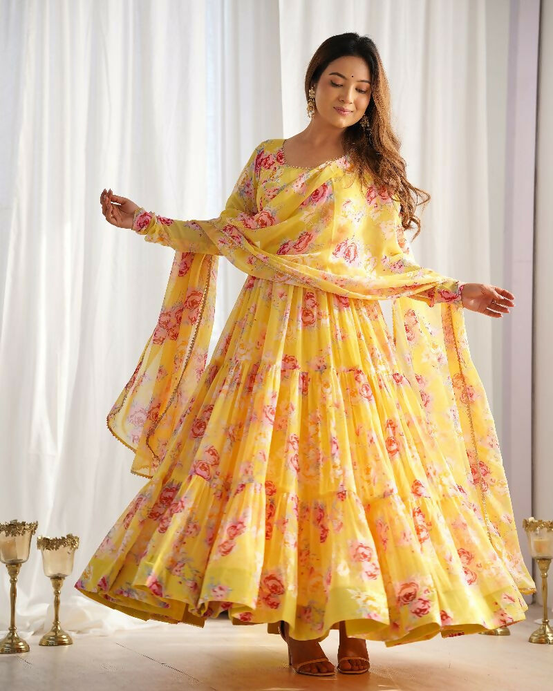 Joban Fashion Yellow Kurta Set Georgette Sequence Embroidery Work 