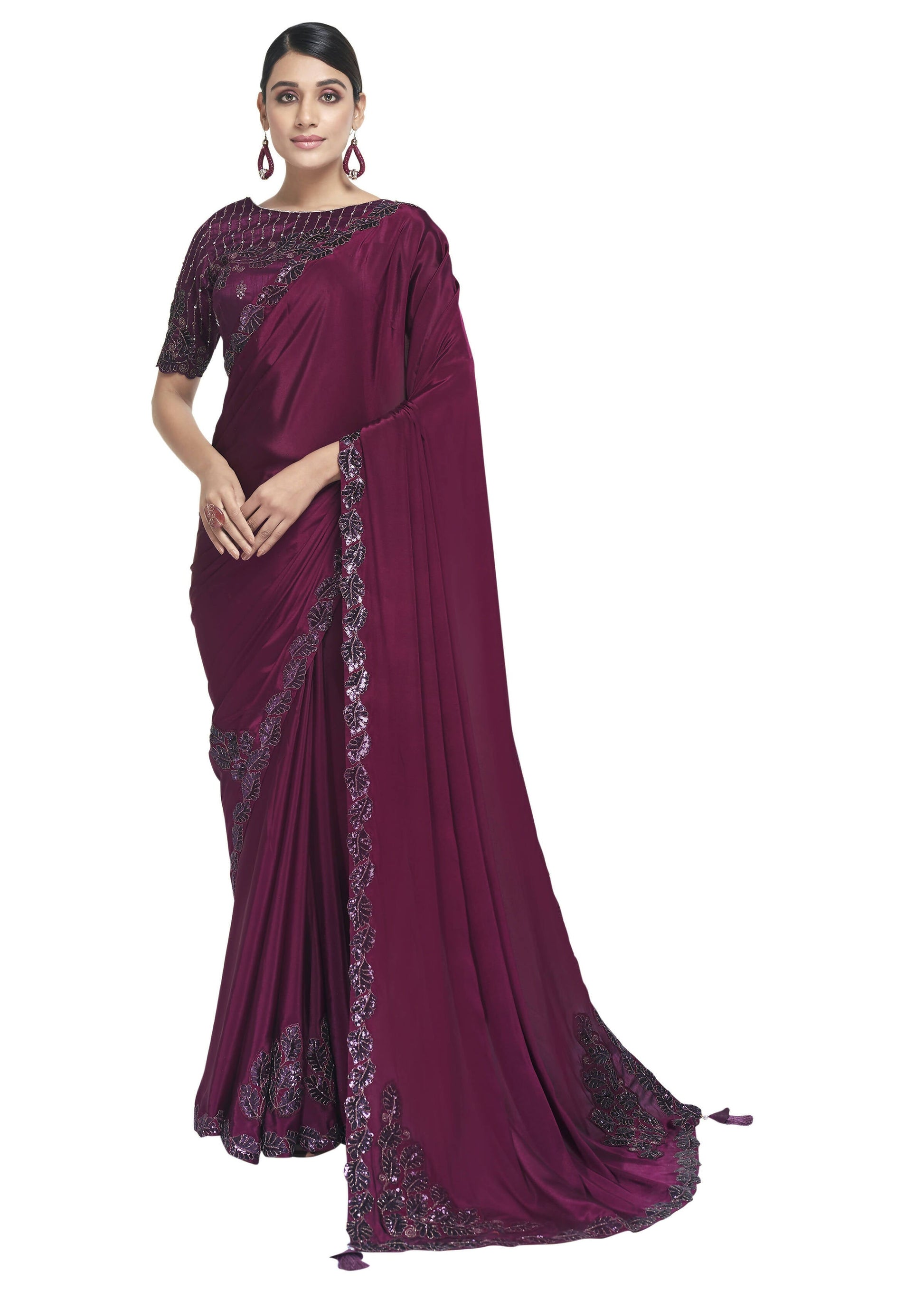 Maroon Georgette Crepe Sequence Embroidered Border & Pallu Saree With Blouse Piece - Norita Avyaan
