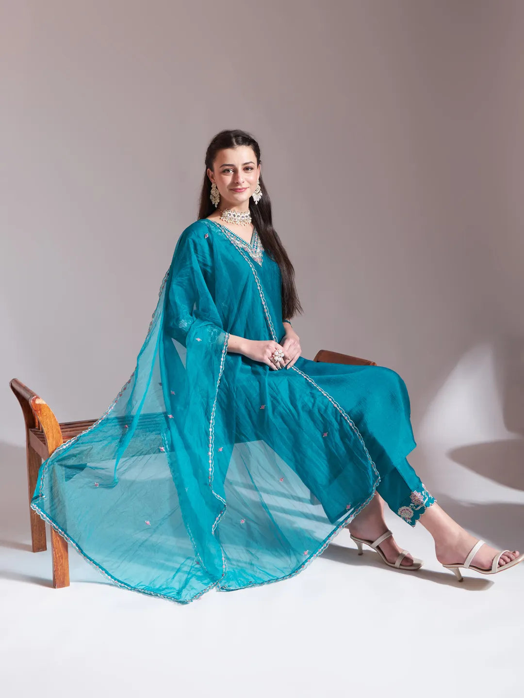 Yufta Teal Blue Embroidered Kurta With Pant And Dupatta Comes With Cotton Lining