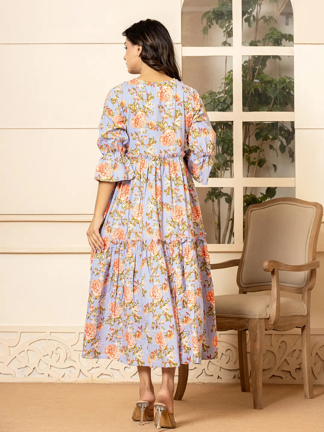Yufta Violet Cotton Floral Print Tiered Dress With Ruffles  Grab2Buy Yufta Grab2Buy