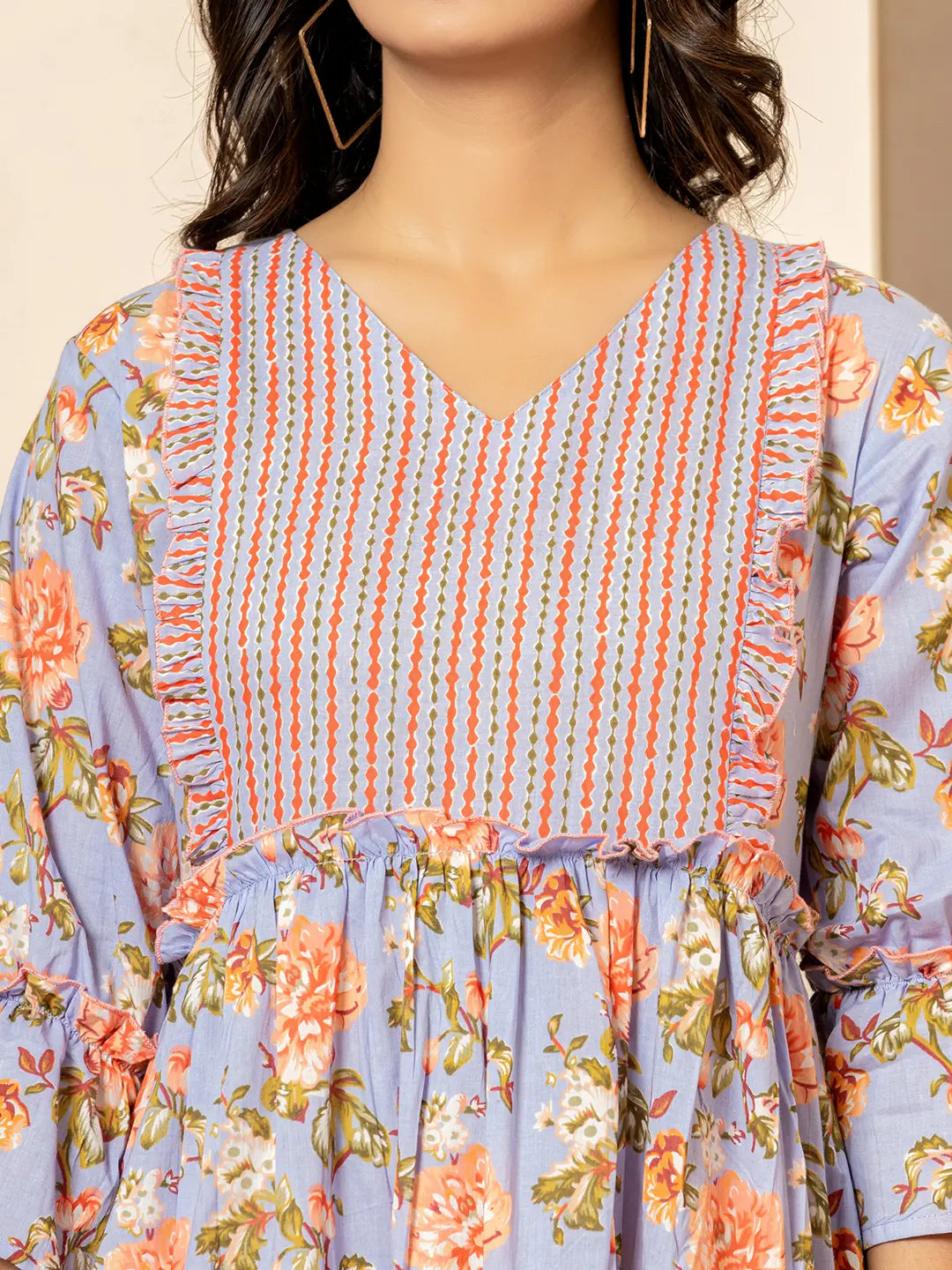 Yufta Violet Cotton Floral Print Tiered Dress With Ruffles  Grab2Buy Yufta Grab2Buy