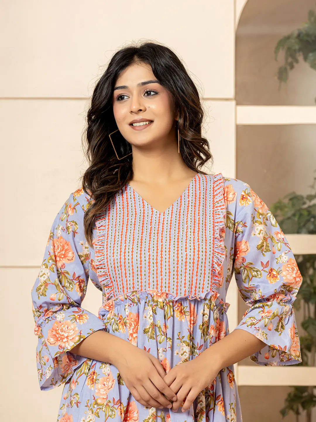 Yufta Violet Cotton Floral Print Tiered Dress With Ruffles  Grab2Buy Yufta Grab2Buy