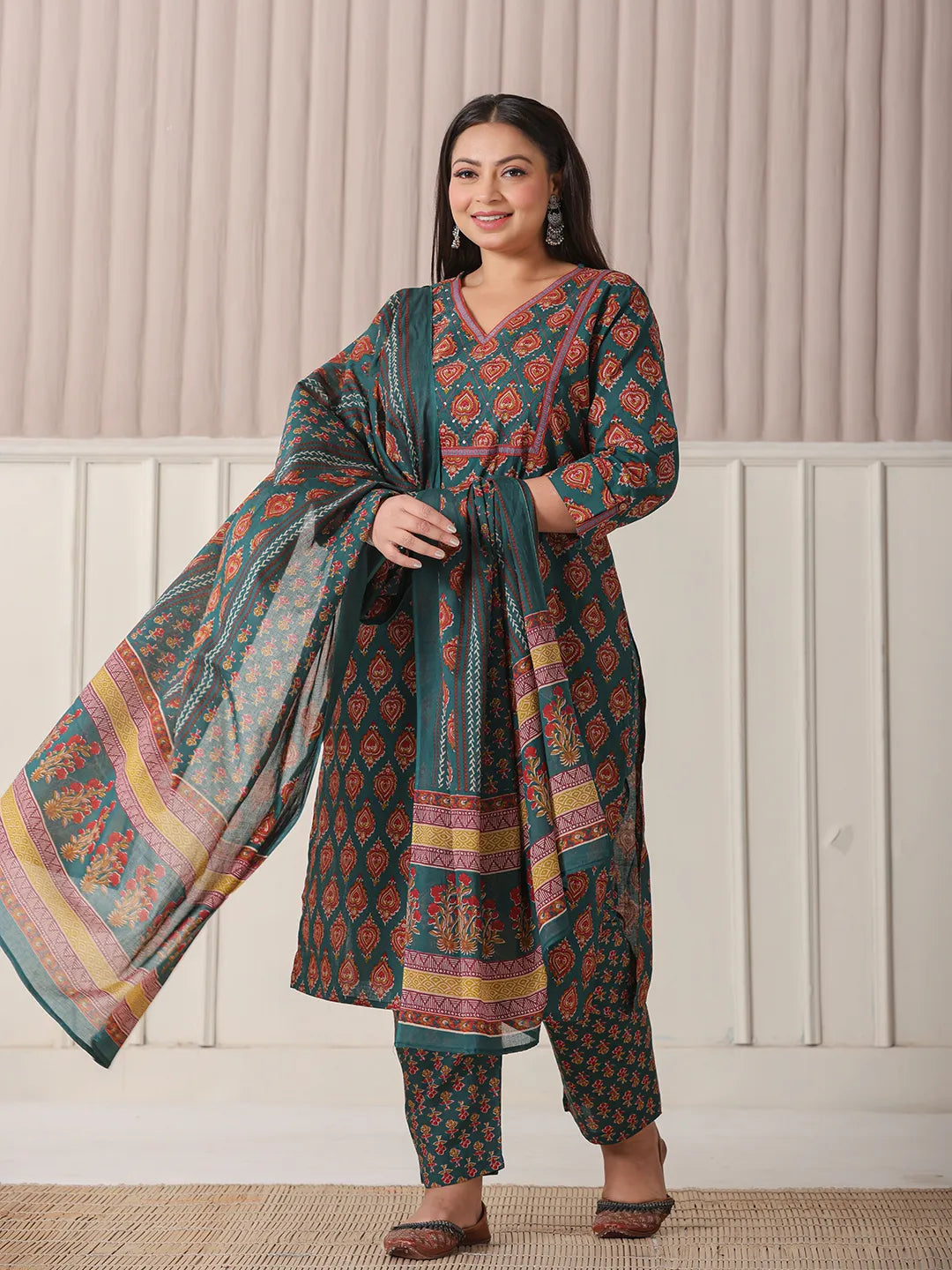 Yufta Teal Green Pure Cotton Sequins-Cutdana Work Kurta Dupatta Pant Set