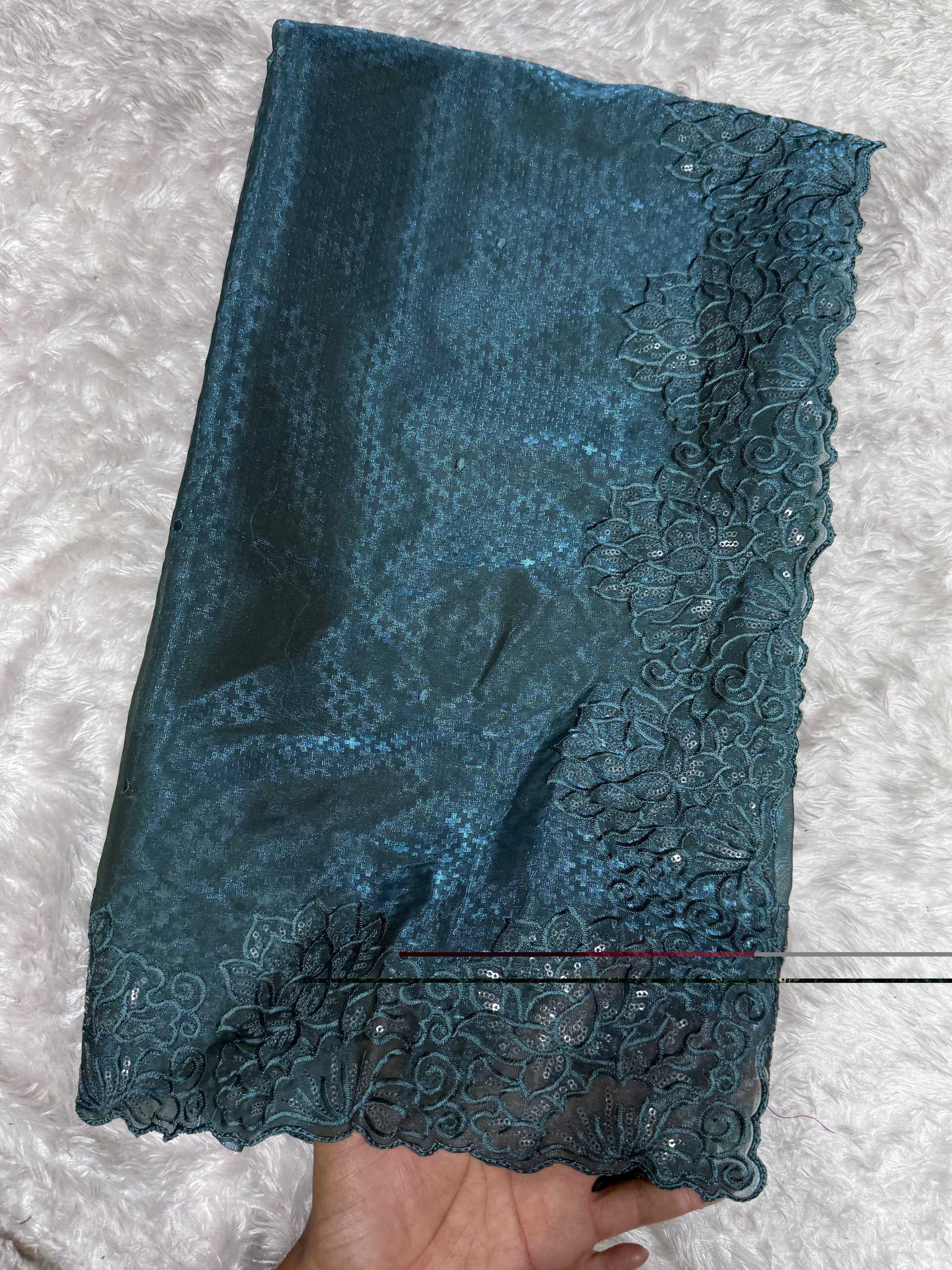 Evanik Teal Glass Satin Jecquard Weaving With Thread Sequence Work Saree With Blouse