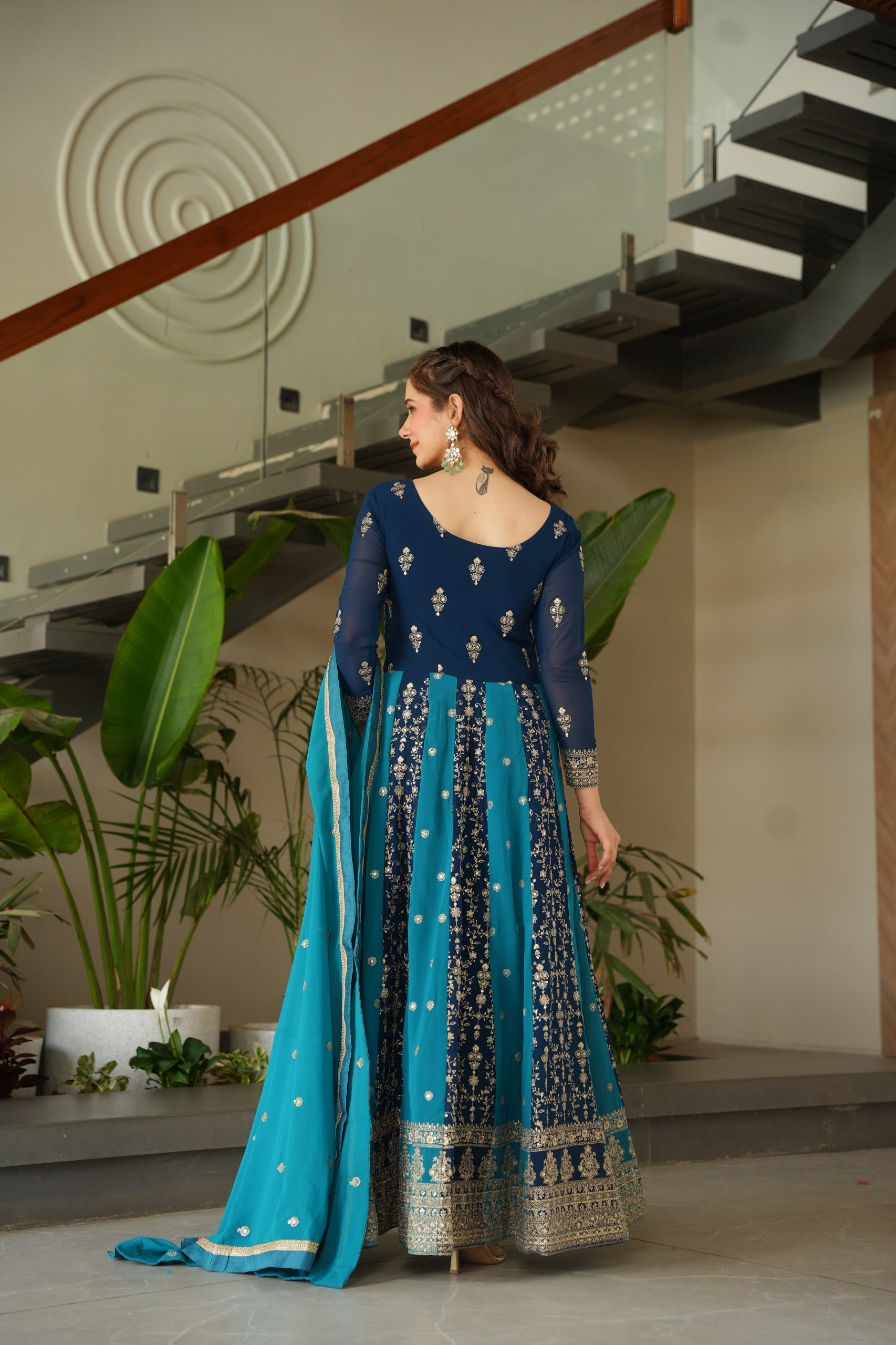 Evanik Teal Faux Georgette With Zari & Sequins Embroidered work Wedding Gown