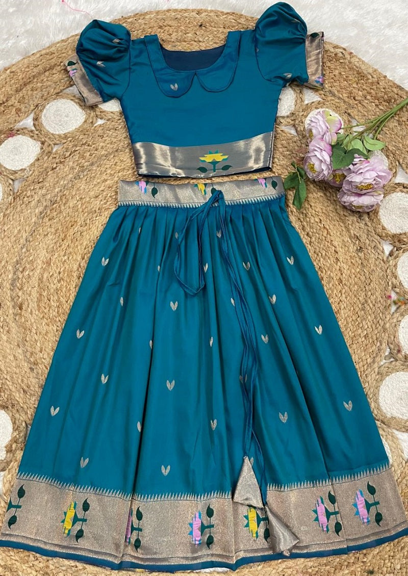Evanik Blue Soft Silk Paithani Design Zari Weaving Pavadai Lehenga Choli For Kids