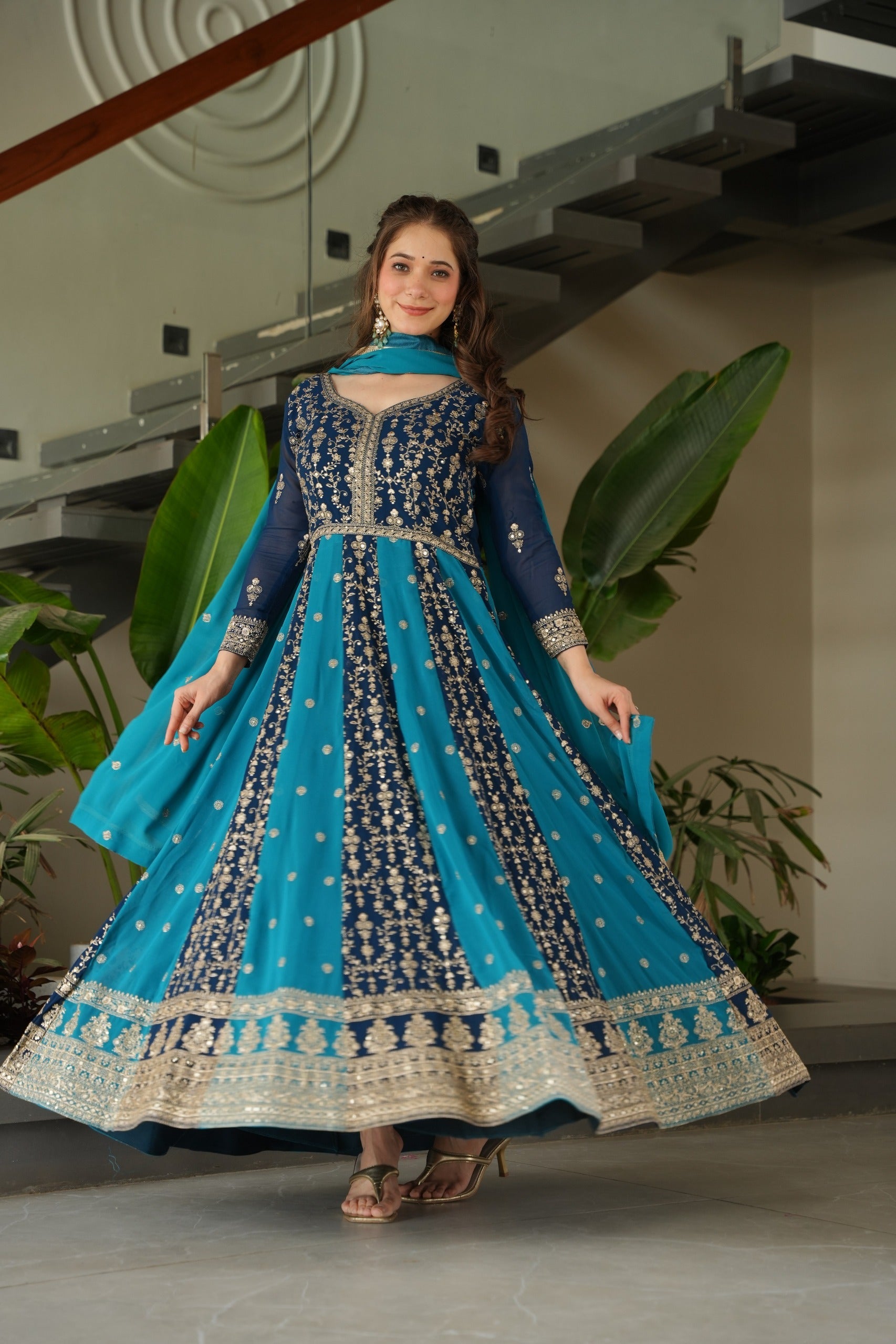 Evanik Teal Faux Georgette With Zari & Sequins Embroidered work Wedding Gown