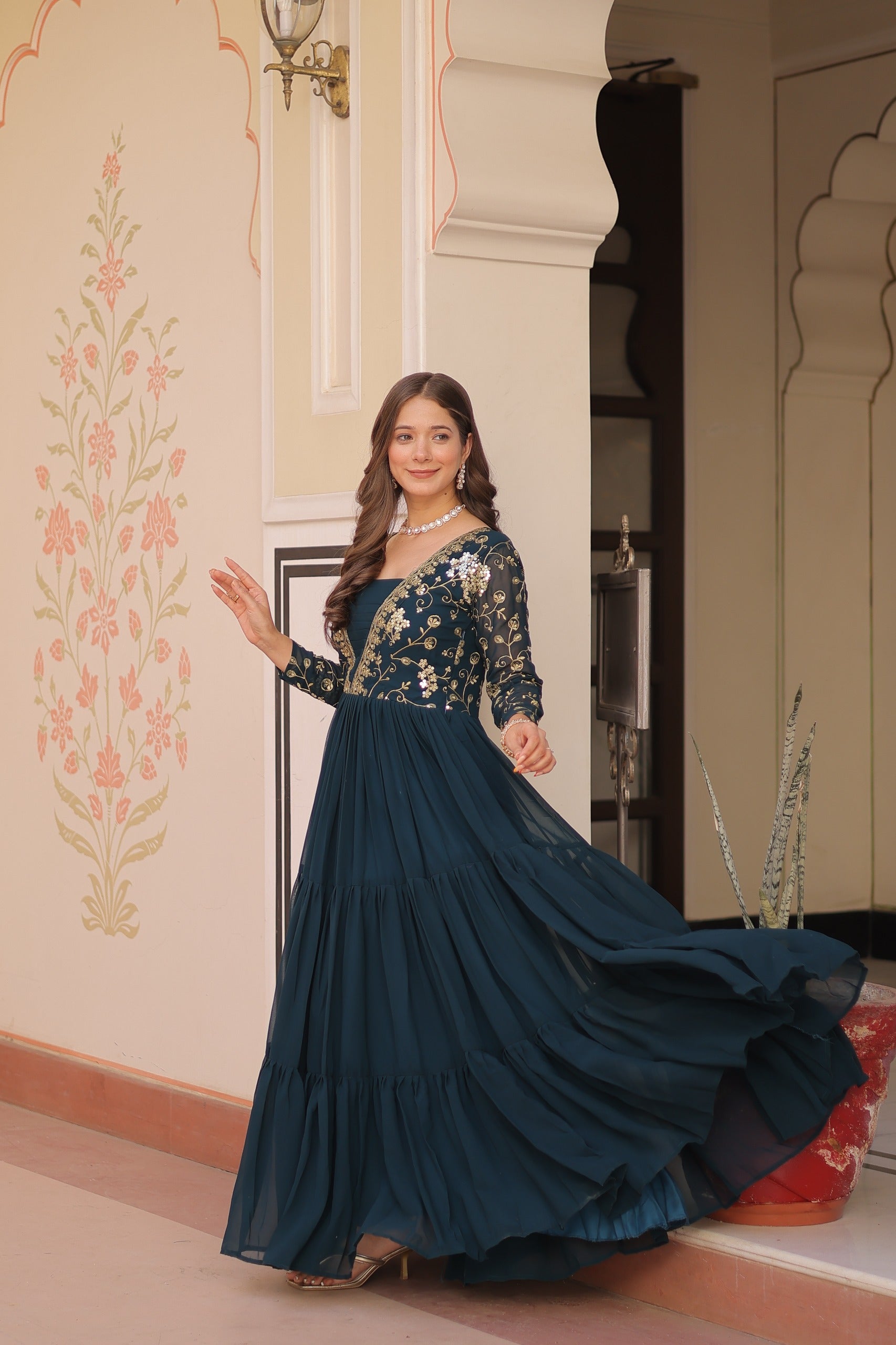 Evanik Teal Faux Blooming With Sequins & Zari Embroidered work Gown