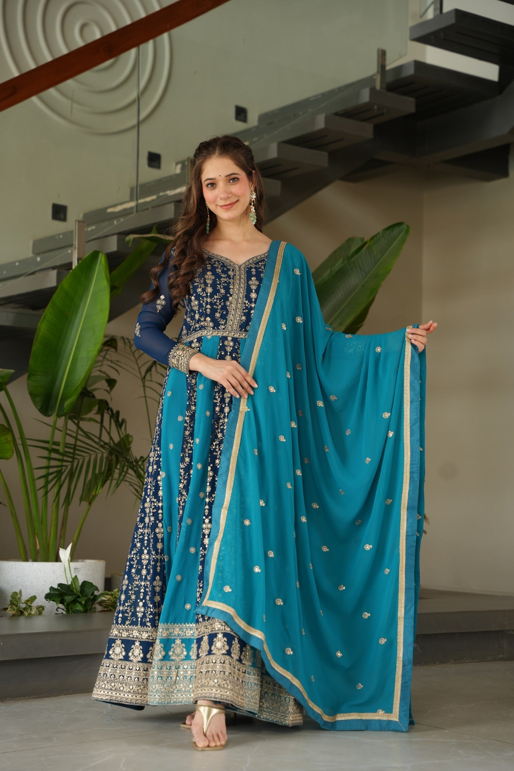 Evanik Teal Faux Georgette With Zari & Sequins Embroidered work Wedding Gown