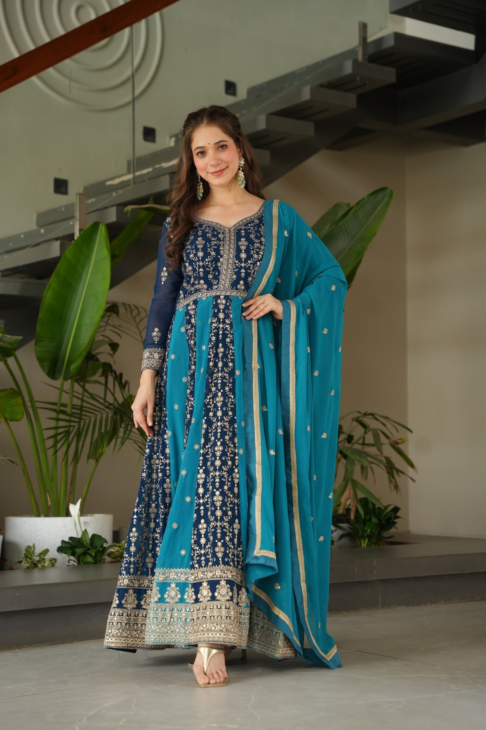 Evanik Teal Faux Georgette With Zari & Sequins Embroidered work Wedding Gown