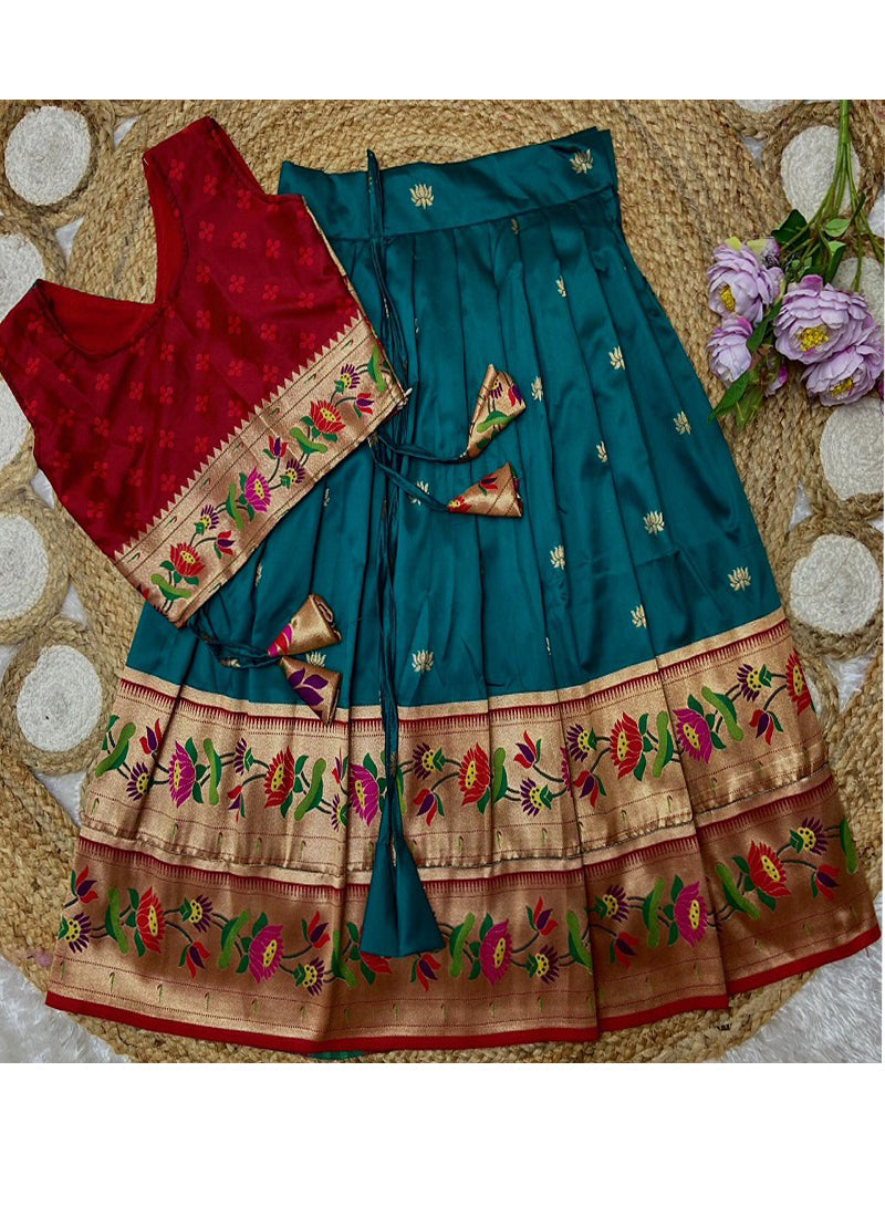 Evanik Blue Kids Paithani Silk Lotus Pattern Lehenga Choli