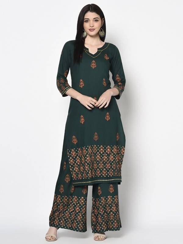 Aniyah Rayon Bottle Green Block Print Straight Kurta (AN-218K) | Grab2Buy