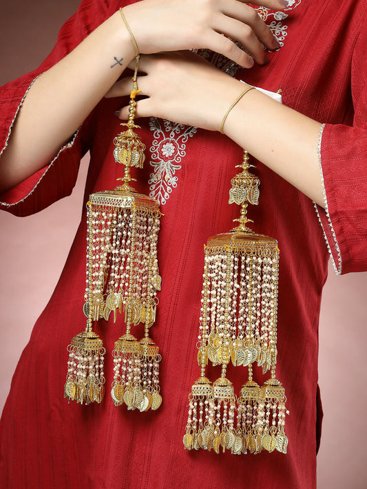 NVR Women's Pack Of 2 Gold-Polished & White Pearl Beaded Bridal Heavy Kaleera Sets