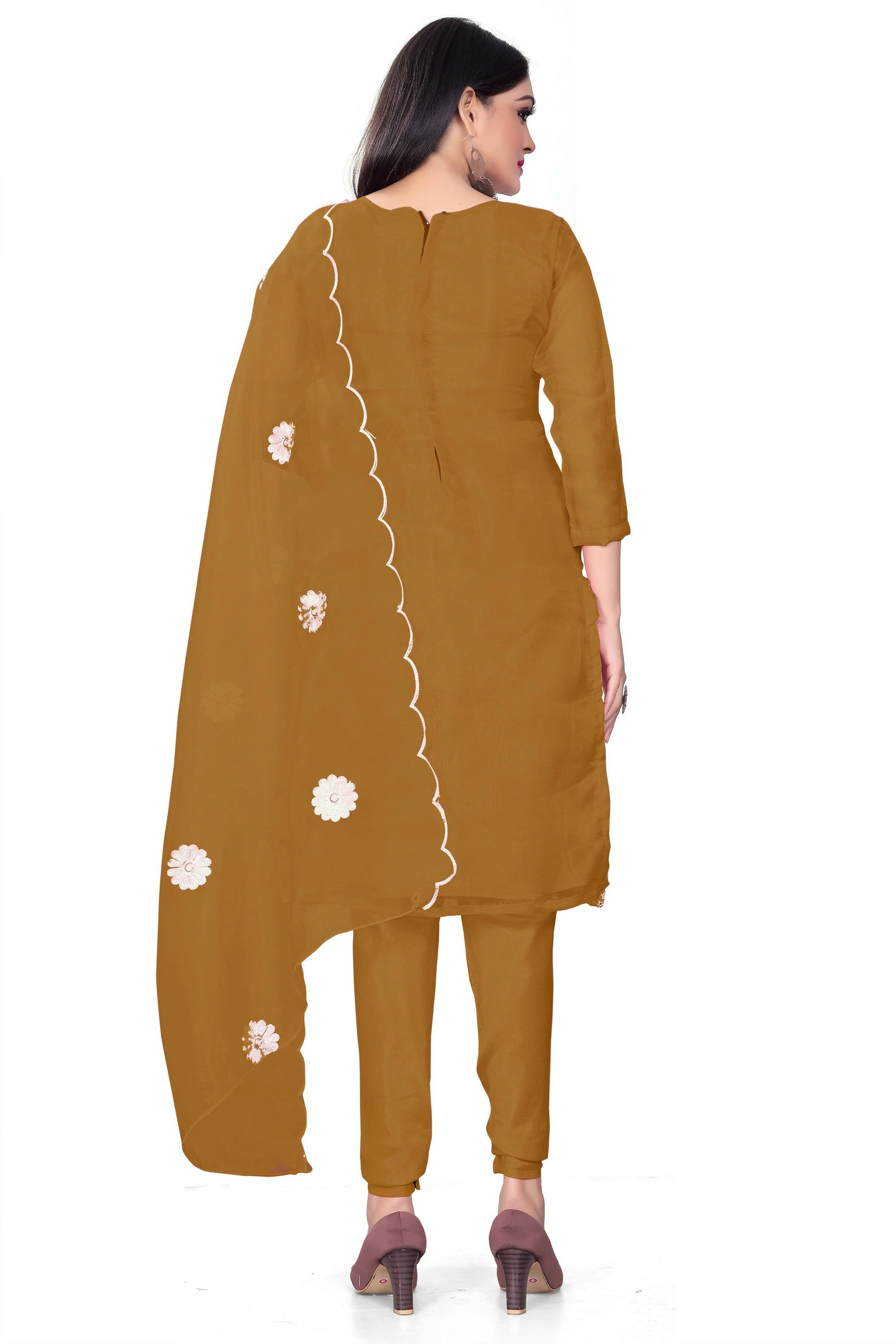Olive Organza Silk Embroidered Work Unstitched Dress Material - Tanvi