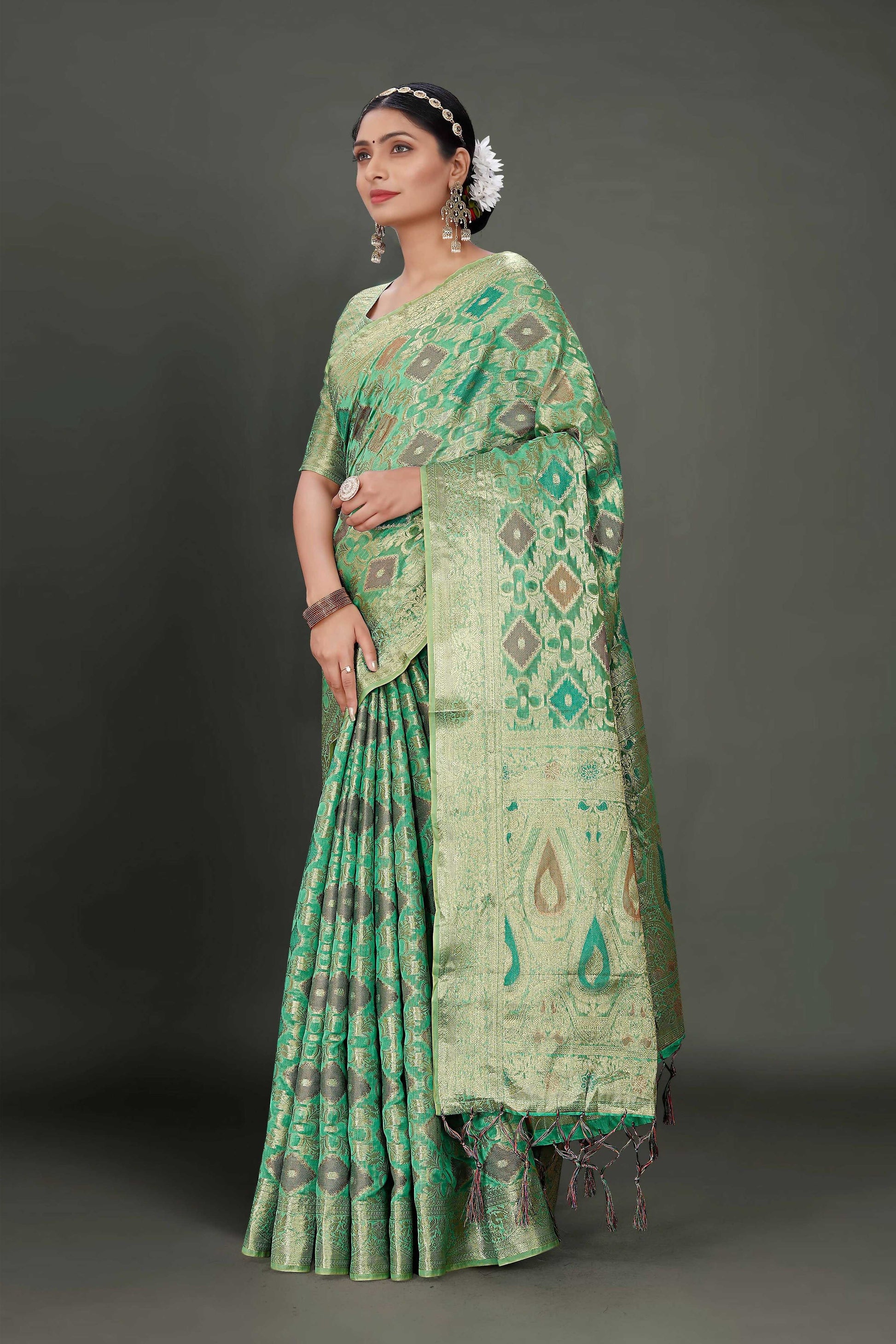 Sea Green Soft Organza Woven Design Saree With Unstitched Blouse Piece - Zaara