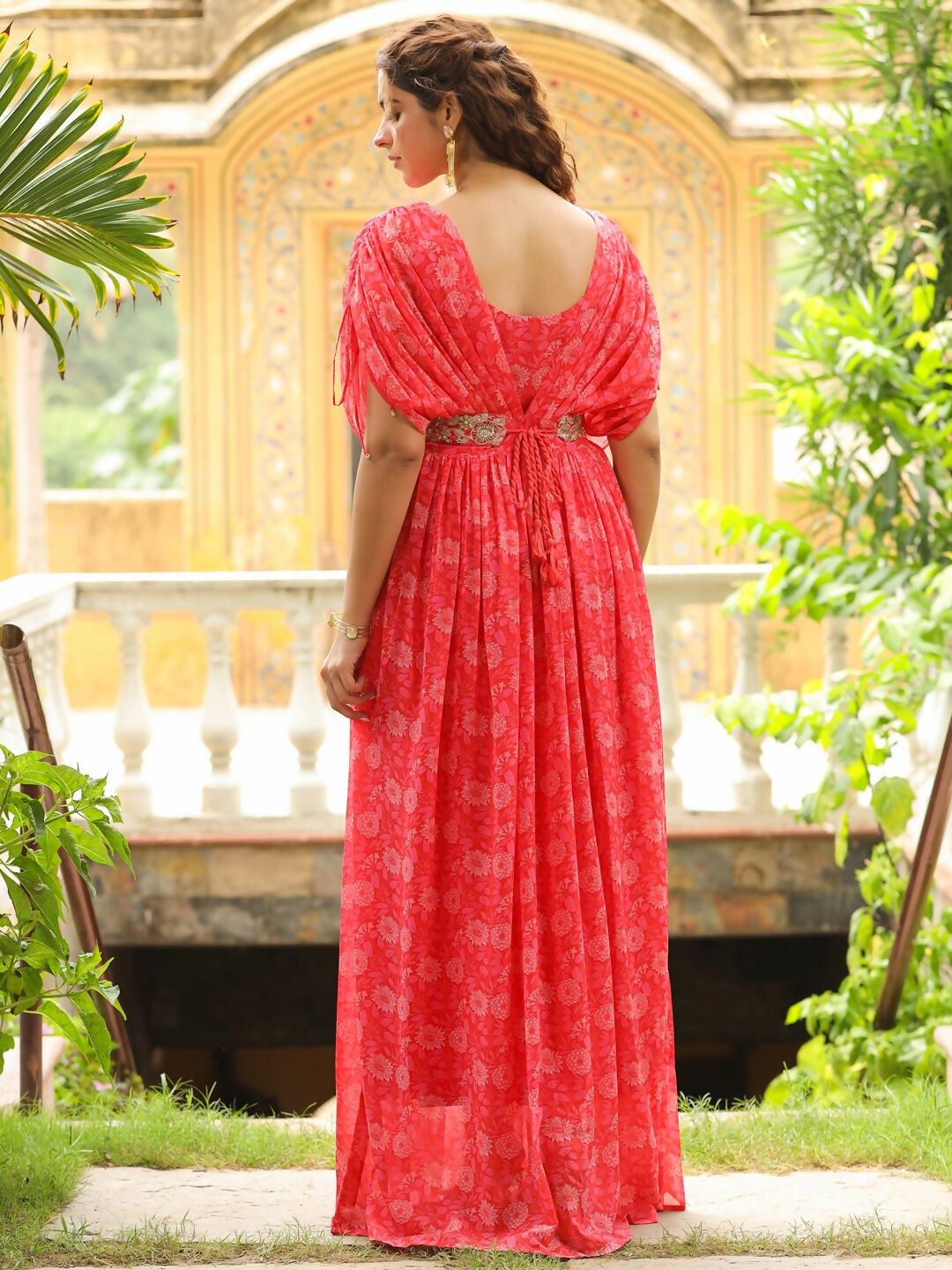 Janasya Pink Georgette Floral Gown 