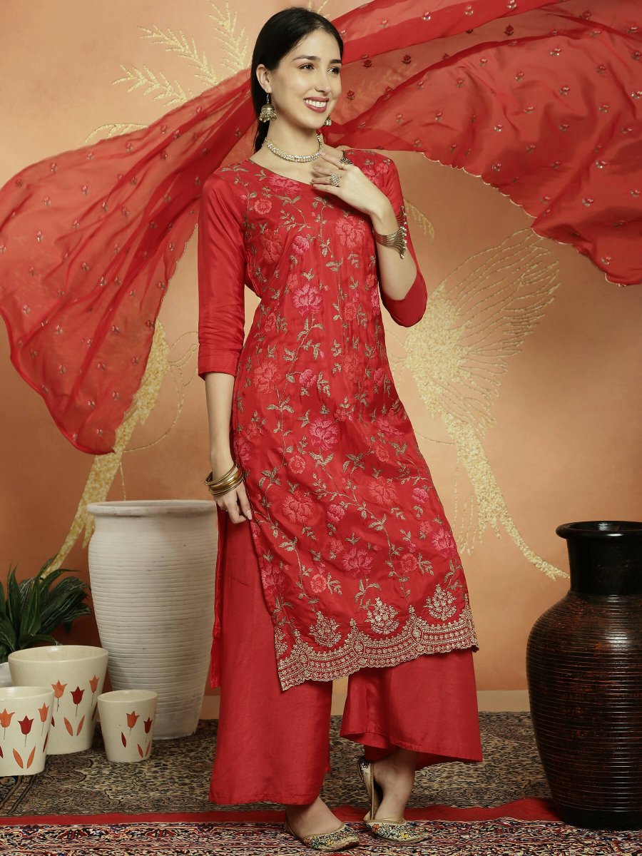Aastha Fashion Women's Red Upada Silk Floral Resham Thread Kurta with Trouser & Dupatta - Grab2buy