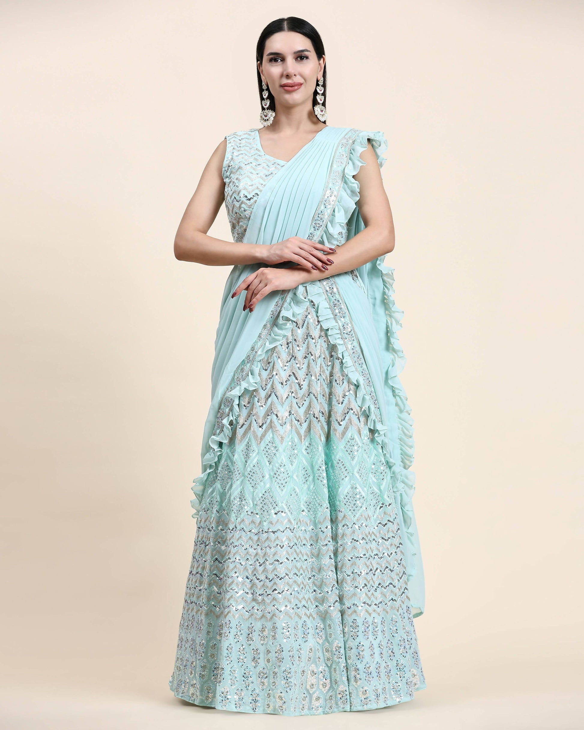 Sky Blue Pure Viscose Georgette Thread With Sequins Embroidery Work Lehenga Choli With Dupatta - Tanya