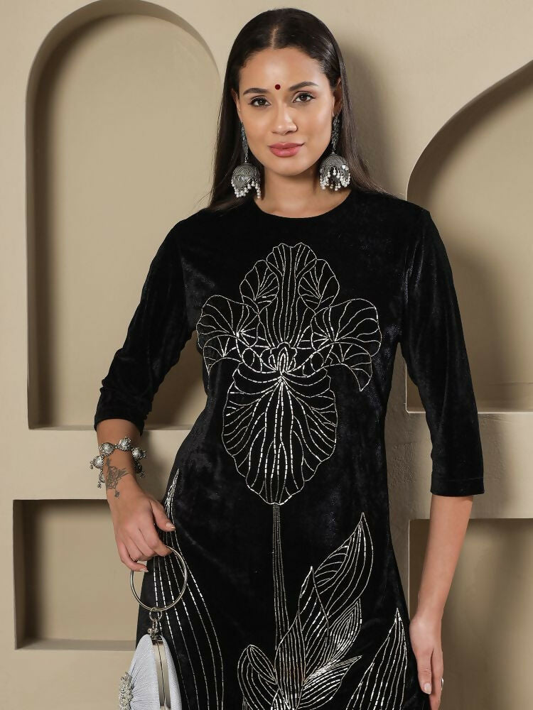 Joban Fashion Women Black Velvet Hand Embellishment Stitched Kurta Set