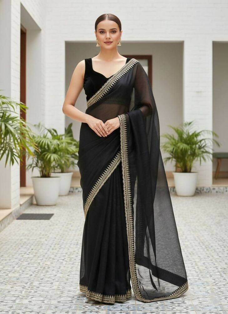Joban Fashion Black Soft twill Net Party Wear Sarees