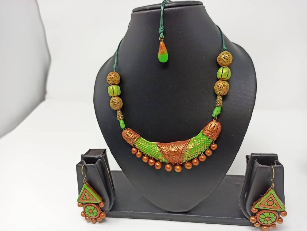 Terracotta Light Green and Gold Tribal Theme Necklace Set with Ear Hangings