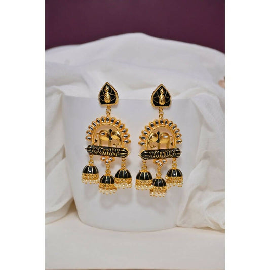 Traditional Gold-Plated Elephant Design Kundan Black Jhumka Jhumki Earrings By House of Ree - Grab2buy