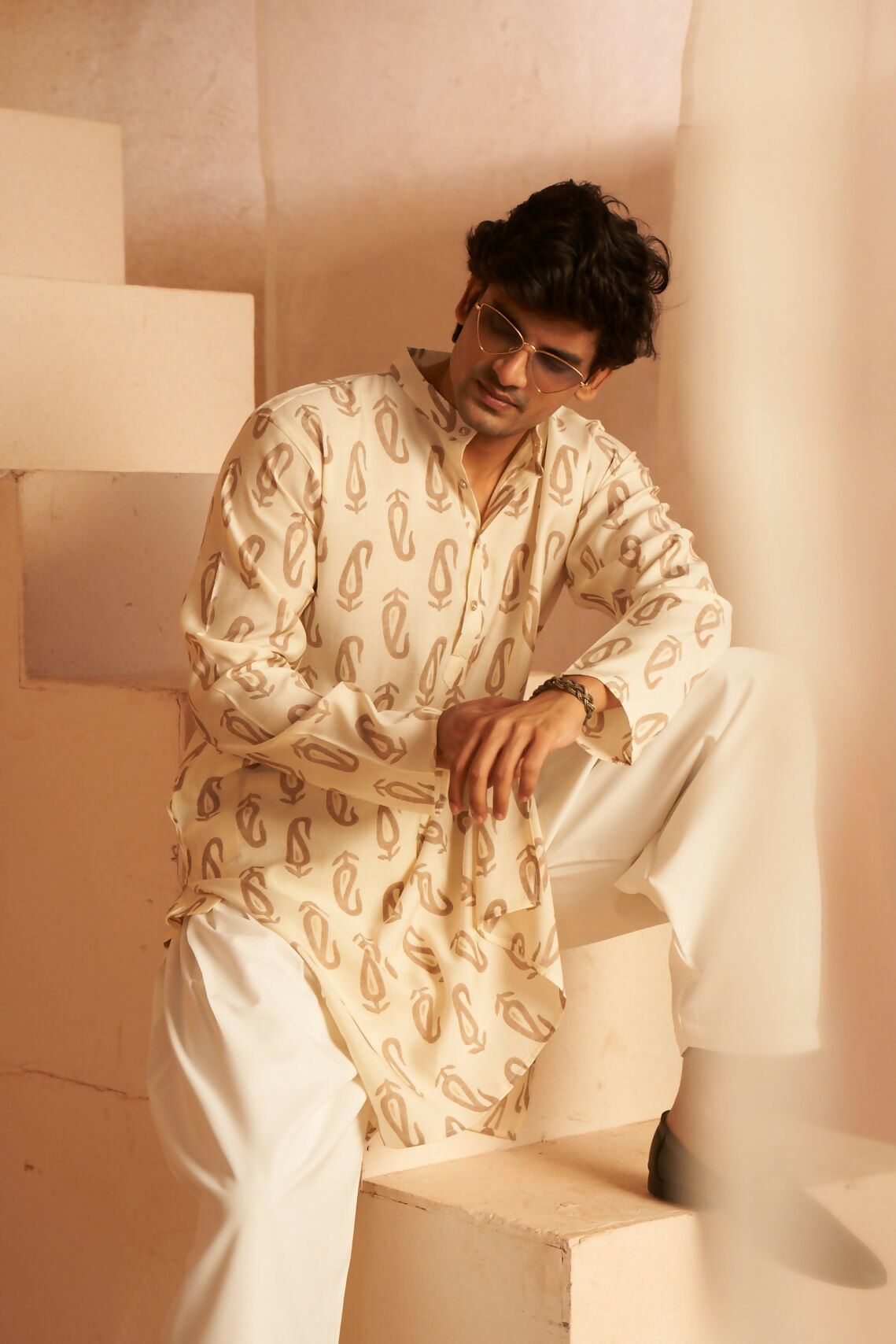 Off White Modal Silk Designer Printed Men's Kurta Set - Mahotsav