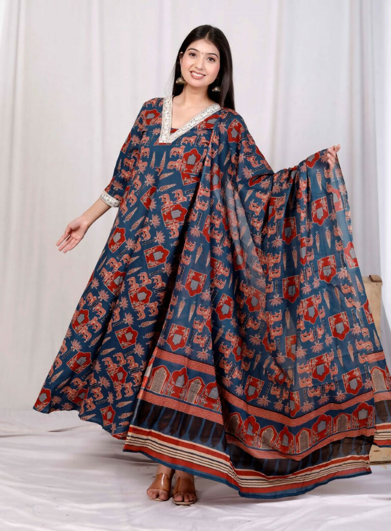 Miravan Women's Pure Cotton Blue Zari Lace Anarkali Kurta with Printed Dupatta Set