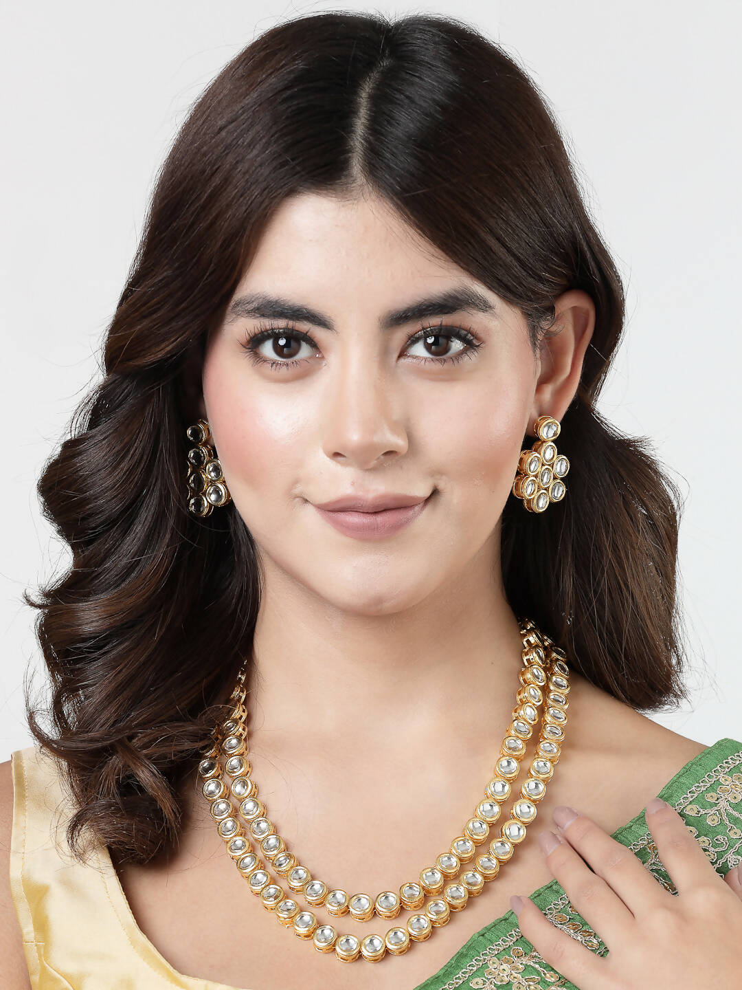 NVR Women's Gold-Polished Kundan 2 Layered Handcrafted Jewellery Sets With Drop Earrings