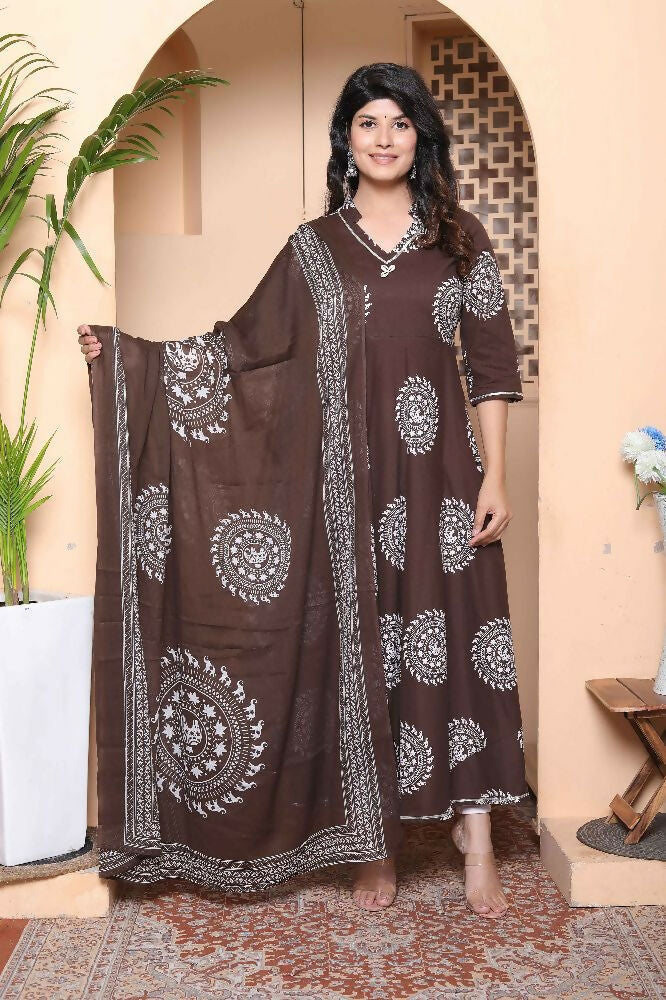 Miravan Womens Brown Animal Printed Anarkali Kurta With Dupatta Set