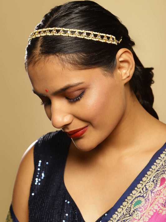 Gold-Plated White Kundan-Studded Pearl Beaded Hair Band - Ruby Raang - Grab2buy