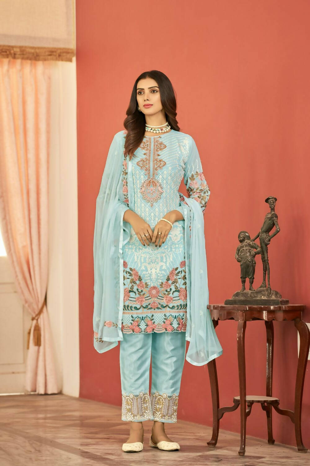 Sky Blue Heavy Faux Georgette Embroidered Semi Stitched Suit - Dhvani