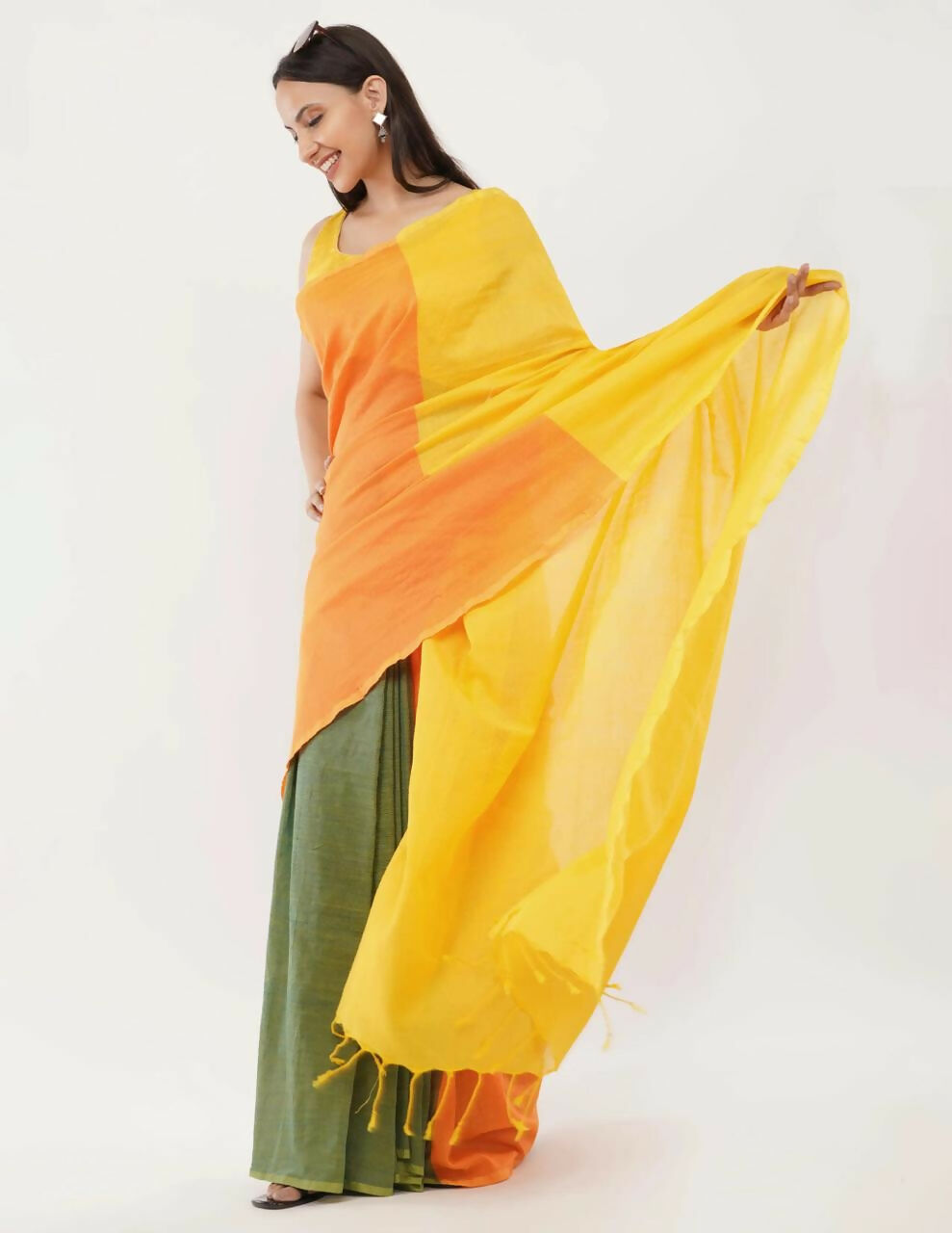 Exclusive Collection Beautiful Khadi Cotton Yellow Orange Green Handloom Grab2Buy 