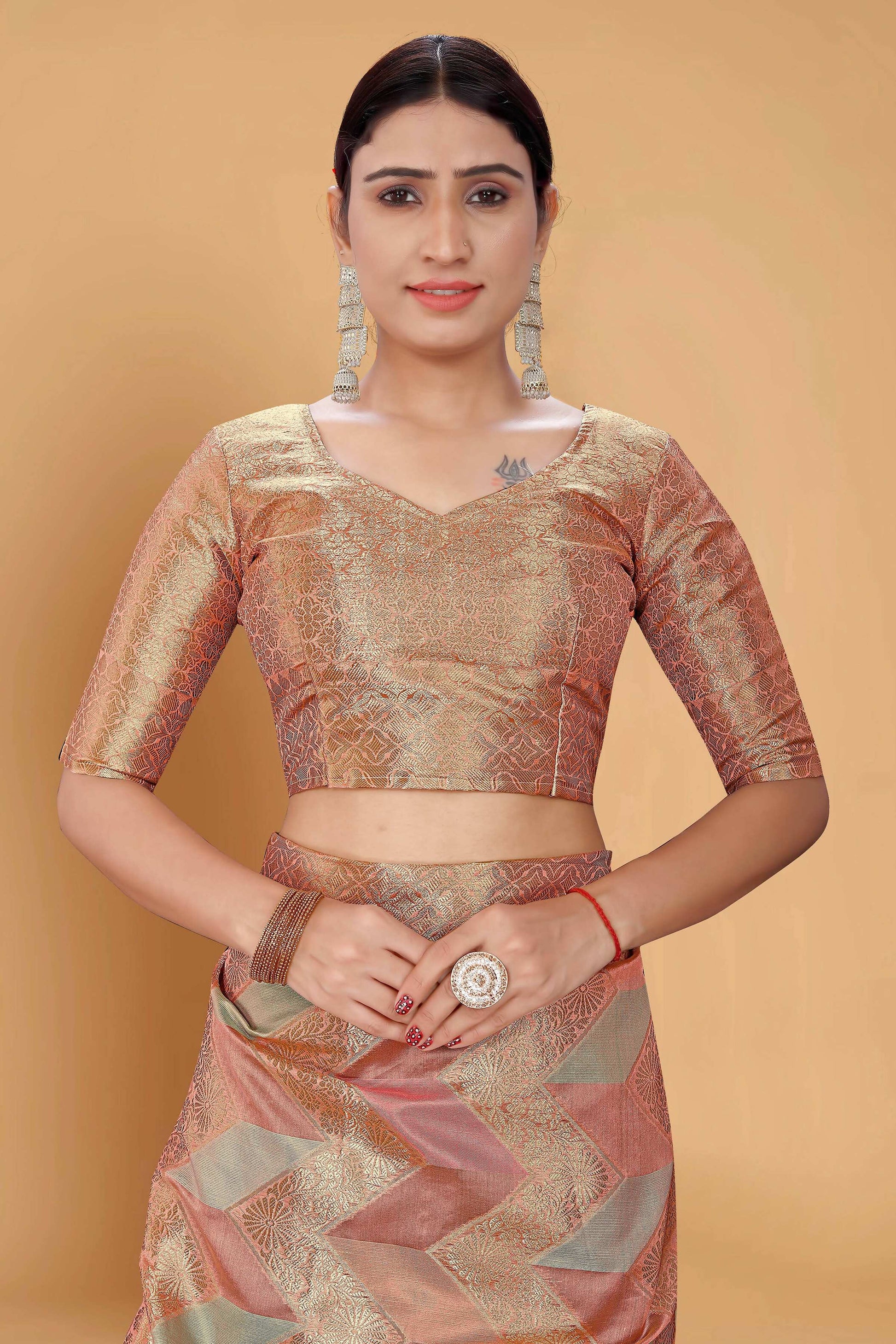 Peach Soft Organza Woven Design Saree With Unstitched Blouse Piece - Zaara