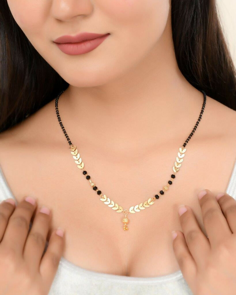 VOJ Gold-Polished Leaf Design Beaded Chain Mangalsutra 