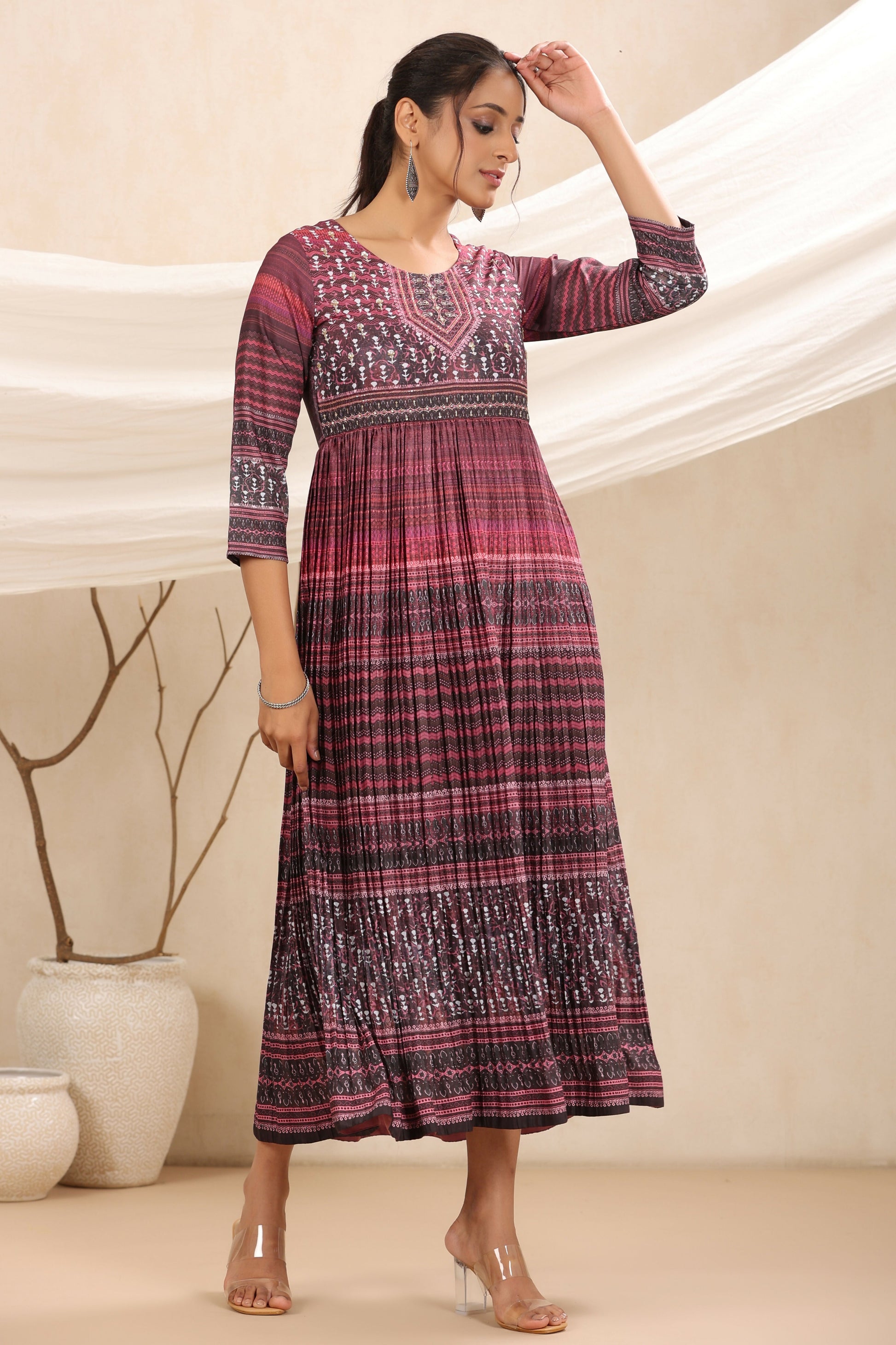Juniper Purple muslin maxi dress with ethnic motif print with sequins & beads work