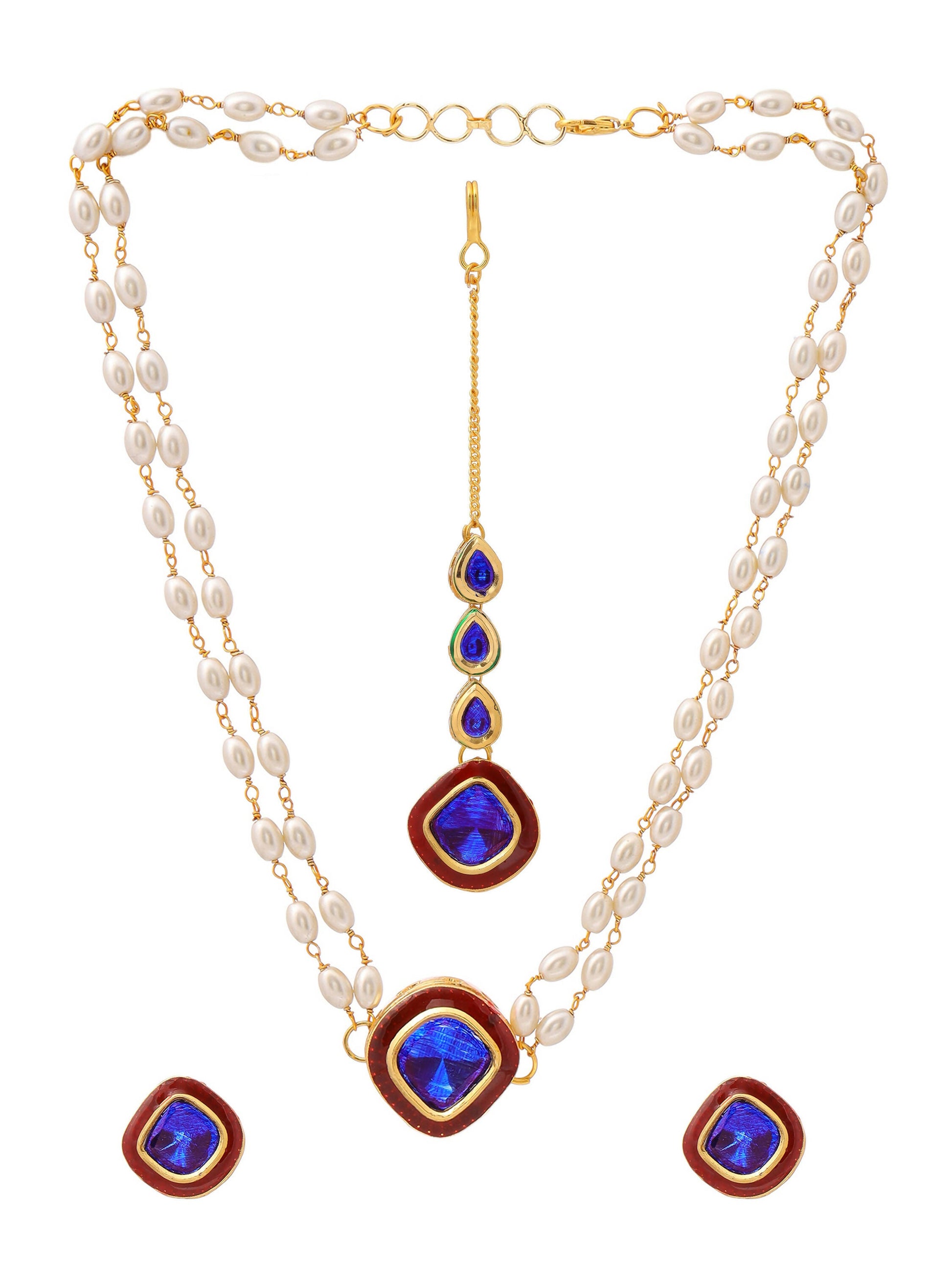 Ruby Raang Blue and Red Meenakari Kundan Necklace with Earrings & Maang Tikka
