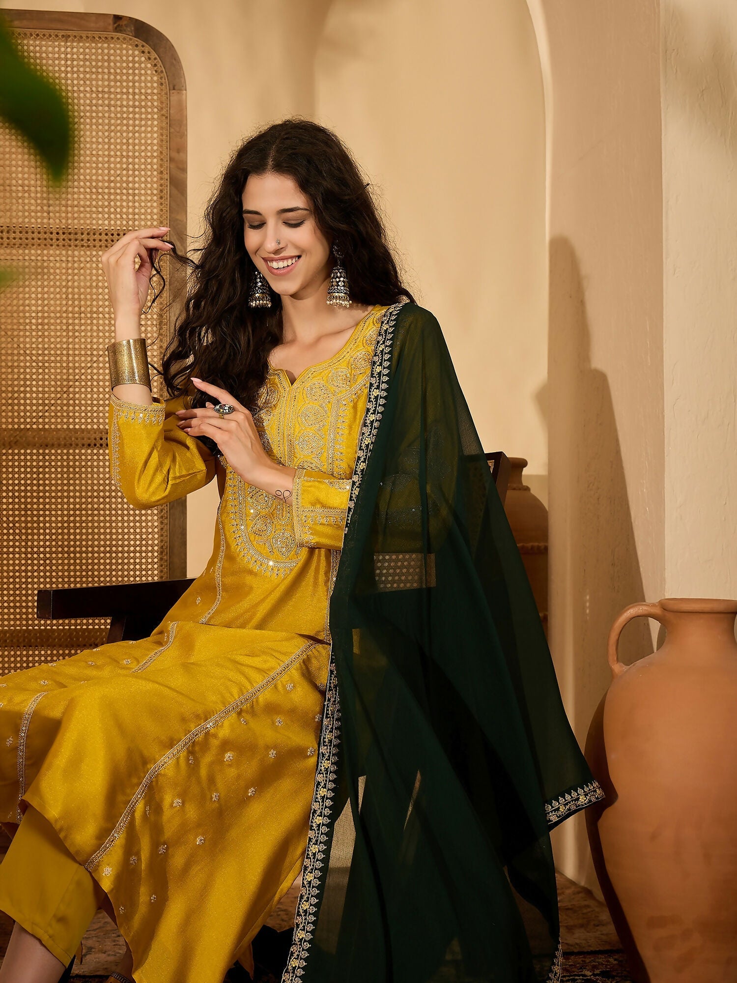 Joban Fashion Embroidery Mustard Vichitra Silk Kurta Set