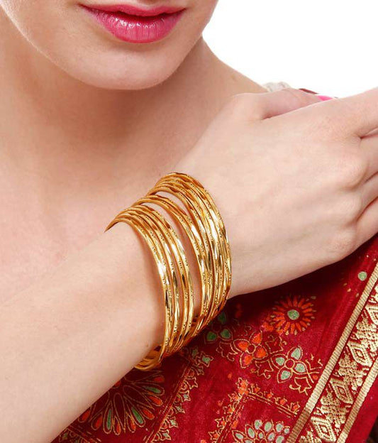Gold-Polished Alloy Set Of 12 Thin Bangles - The Pari | Grab2Buy