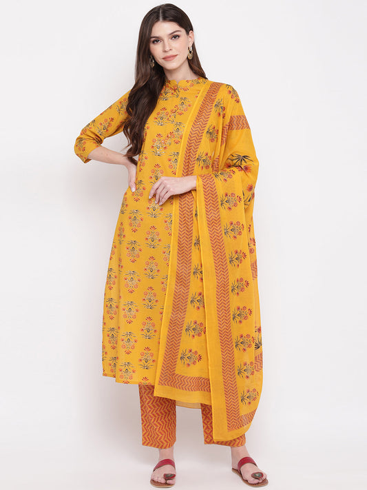 NOZ2TOZ Women Yellow Cotton Kurta With Palazzo & Dupatta (3Pcs Set)