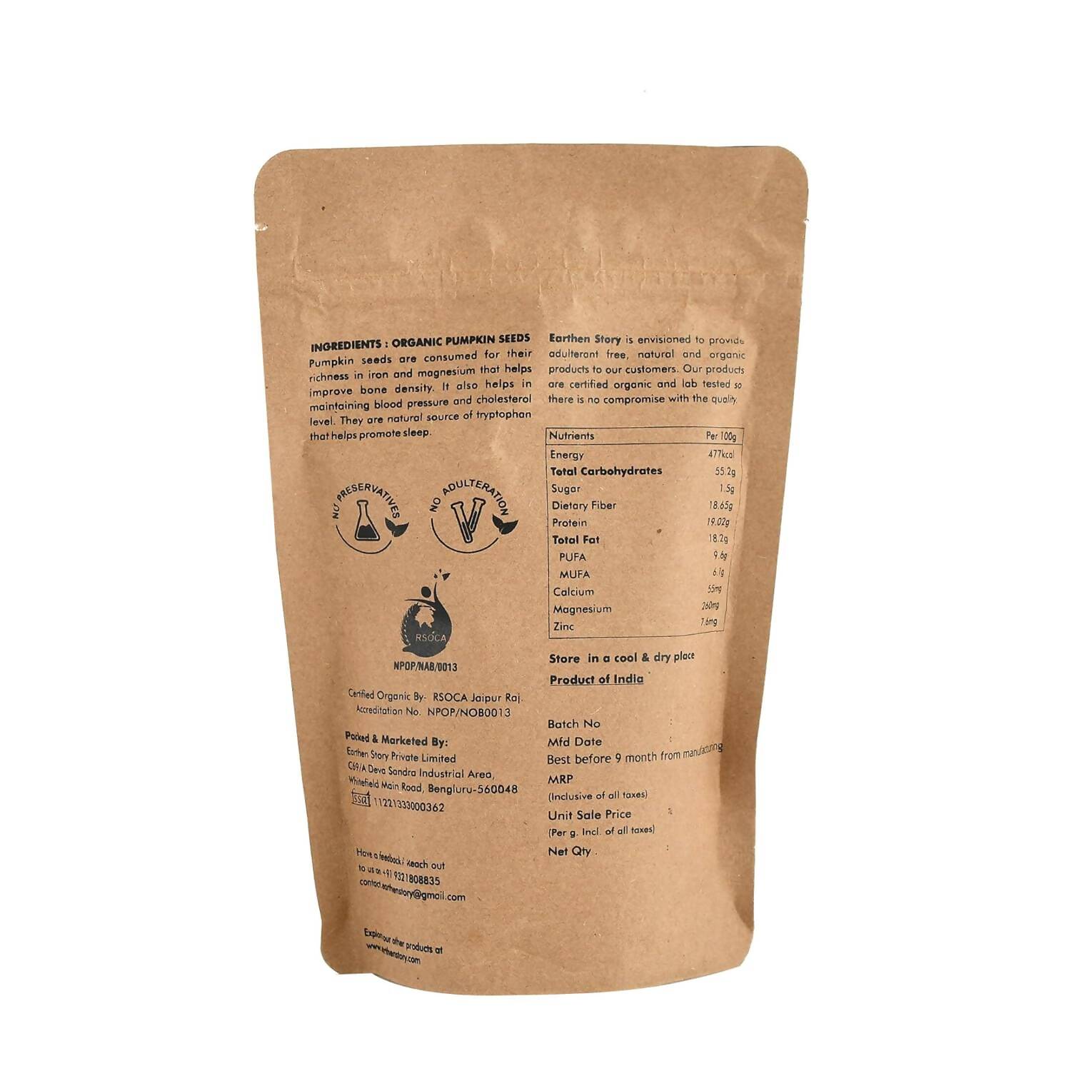 Earthen Story Certified Organic Raw Pumpkin Seeds 