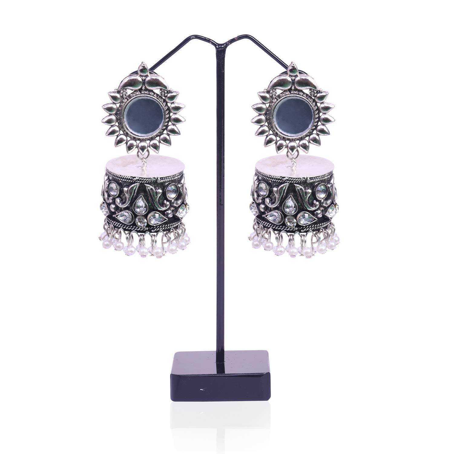 Rhodium-Plated Alloy Silver Plated Mirror Jhumki Earring - The Pari - Grab2buy